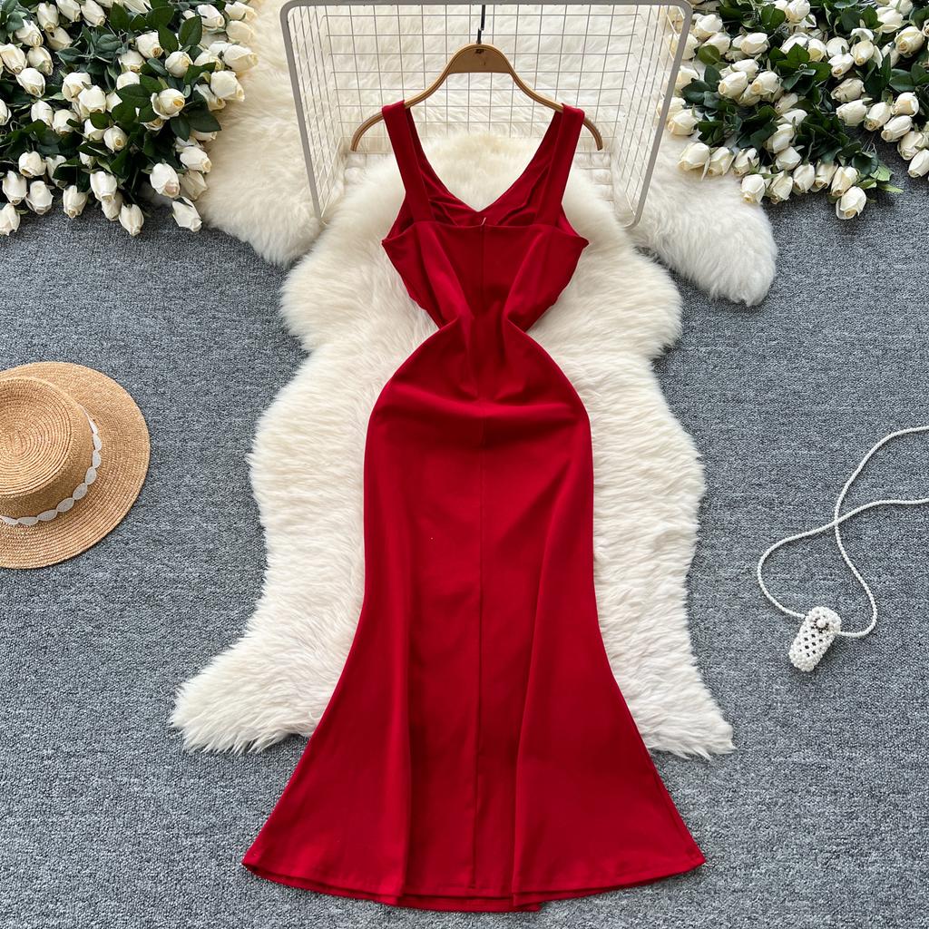 Summer Women V-neck Sleeveless Beaded Solid Evening Party Mermaid Fishtail Long Midi Dresses