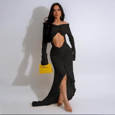 Women's Sexy V-neck Solid Color Perspective Long-sleeved Dress