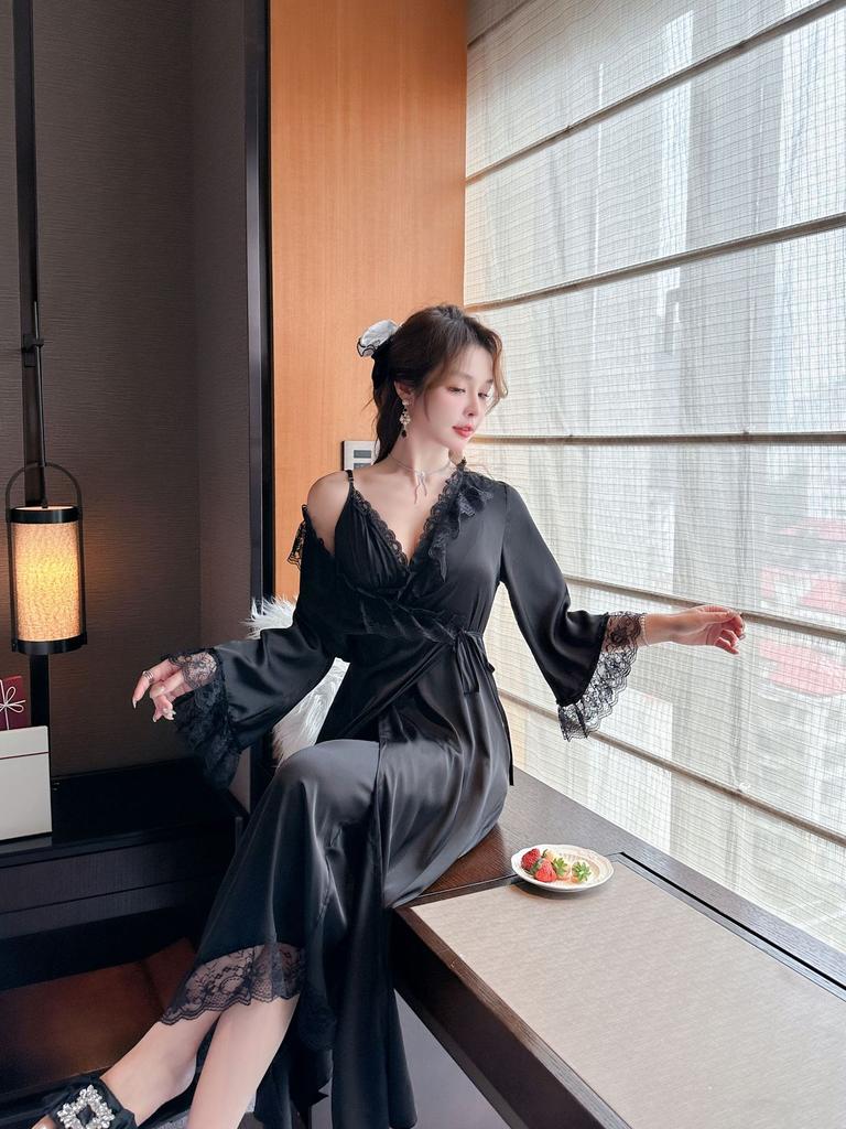 Women's Summer Two-piece Pajamas Sexy Pure Desire Ice Silk French Suspender Nightdress Long Nightgown Princess Style