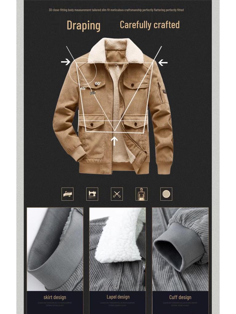 Men's Autumn/Winter 2025 Corduroy Lambswool Jacket - Thickened Warm Outerwear for Middle-Aged Men