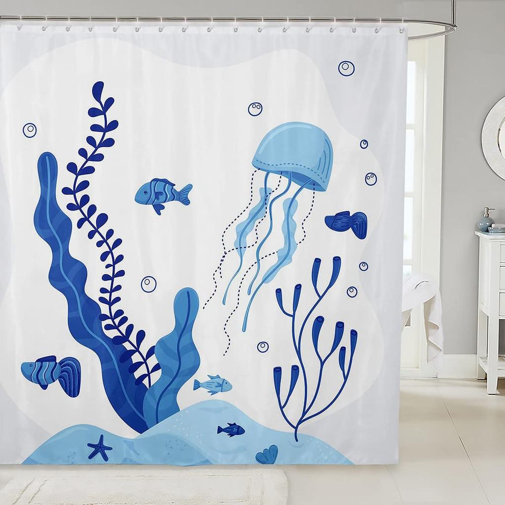 Nautical Coastal Shower Curtain,Beach Ocean Theme Shower Curtain for Bathroom Decor,Summer Tropical Coral Bath Curtain with Hook