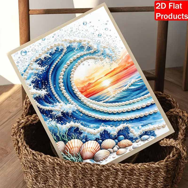 Frameless Pearl Bead Painting Kit Ocean Wave Seashell Pattern DIY Sparkling Art Canvas Creative Leisure Craft for Adults Wall Decor Home Art Projects