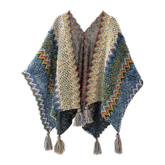 Shawl Wraps for Women Boho Knit Poncho Ladies Rainbow Casual Loose Striped Fringe Blanket Scarf