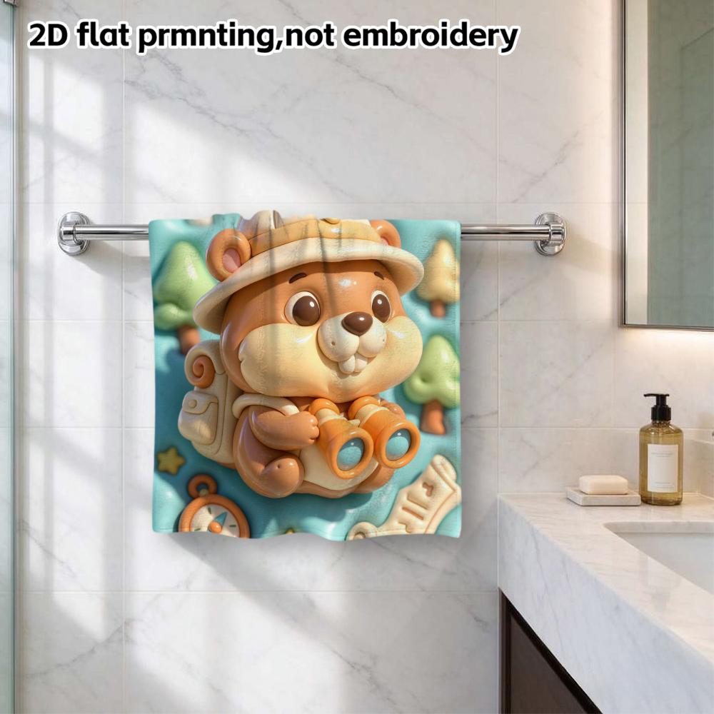 Explorer Beaver Adventure Towel, Soft Absorbent Hand Towel for Shower, Puffy Cartoon Animal Bathroom Towel