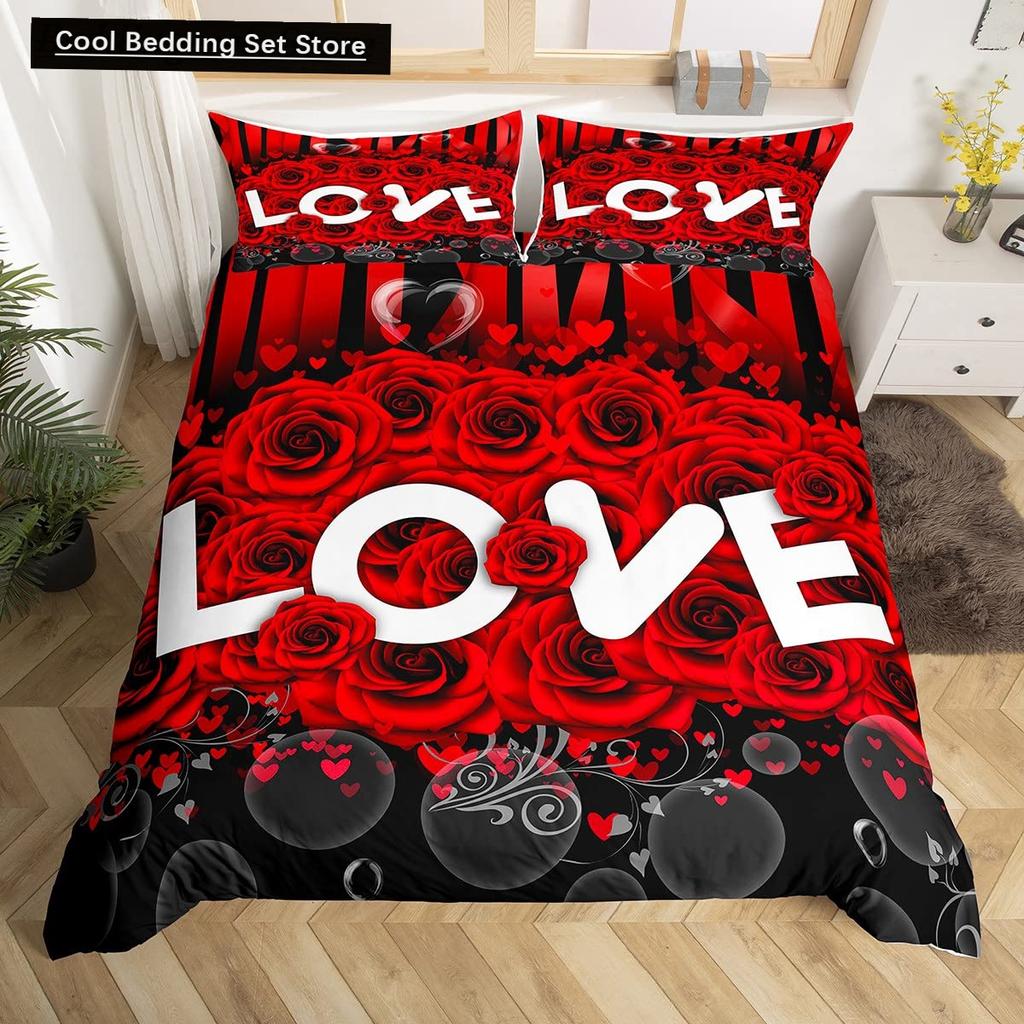 Valentine'S Day Rose King Queen Duvet Cover Red White Floral Bedding Set Romantic Flowers Quilt Cover Polyester Comforter Cover