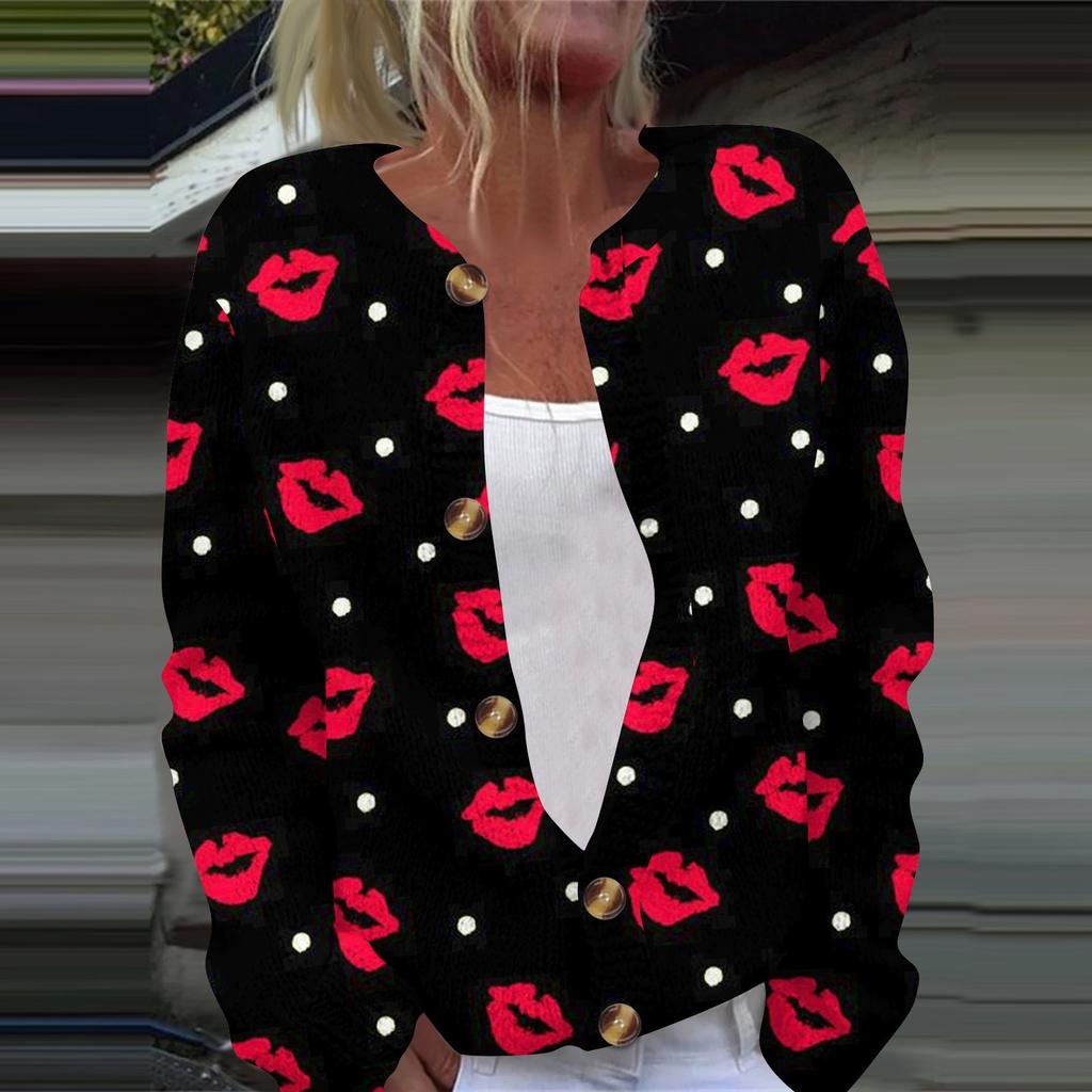 Women's Fashion Printed Valentine's Day Long Sleeved Knitted Cardigan Button Down Jacket