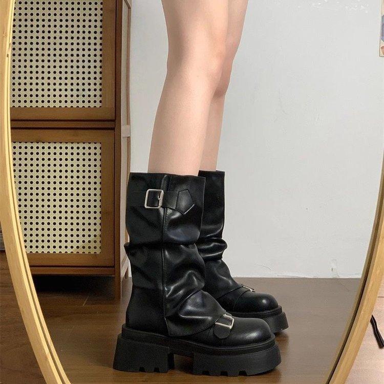 Brown versatile thick-soled heightening Martin boots women's 2025 new autumn American retro belt buckle medium tube fashion boots