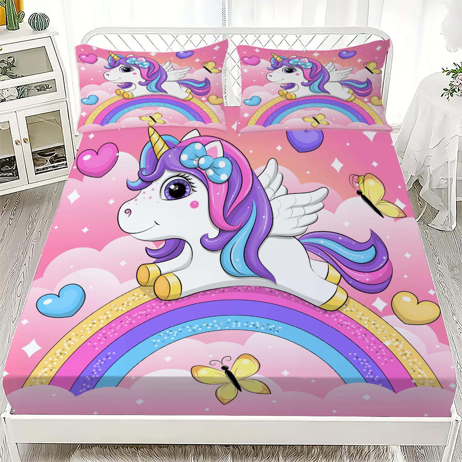 

1PC Cute Unicorn Bed Sheet Rainbow Soft Digital Print Fitted Sheet Without Pillowcase Halloween Decor Gift For Kids Bed Linen 90x200x25cm
