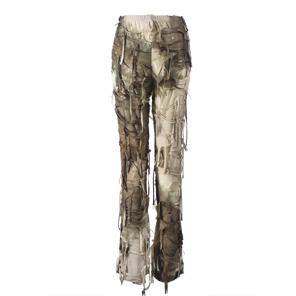 Neue Damen Herbst Tie-Dye Ausgefranste Jeans, Distressed Design Boho Streetwear Lässige Denim-Hose mit Fransen-Saum, Künstlerische Baggy-Hose