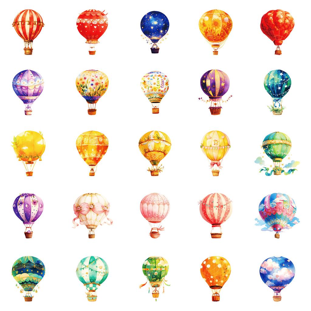 50Pcs Watercolor Hot Air Balloon Stickers – Waterproof Reusable Decals for Luggage, Laptop, Phone