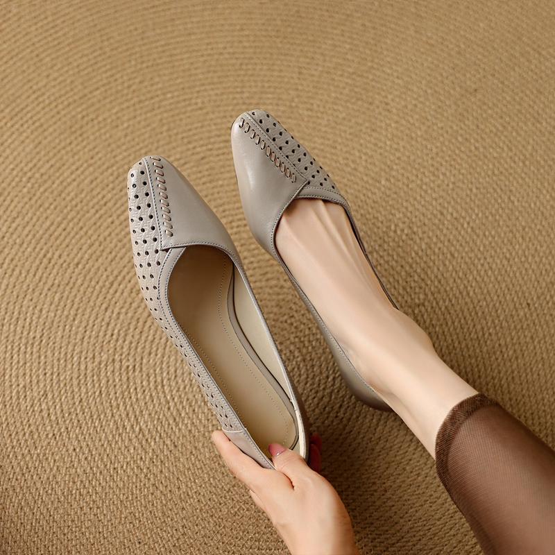 Fashion Women's new leather sheepskin hollow breathable square toe soft and comfortable low order shoes with perforations