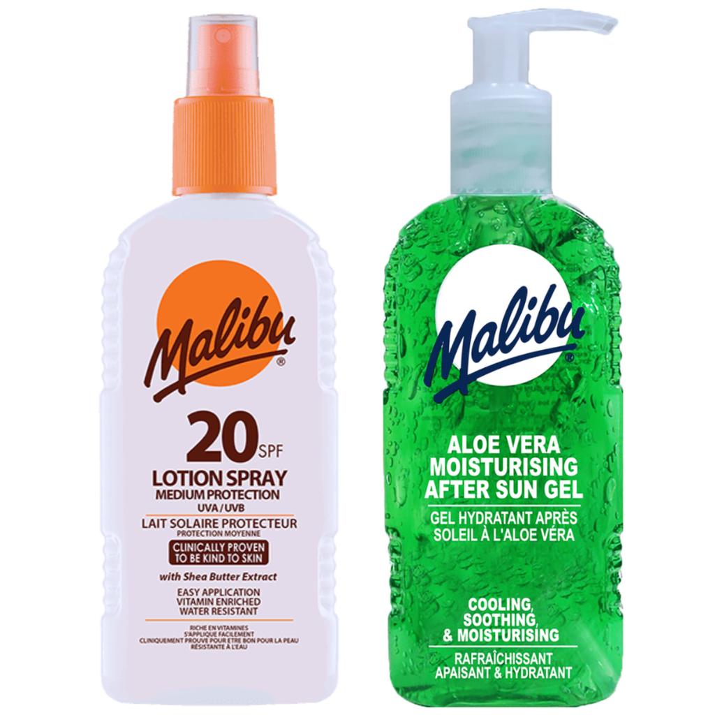 Malibu SPF20 Waterproof Spray 200ml + Aloe Gel After Tanning 200ml