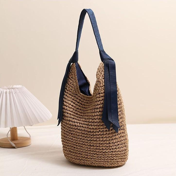 Women's Asian-Inspired Straw Tote Bag - Oversized Solid Woven Beach Bag with Detachable Ribbon for Vacation Essentials & Boho Outfits