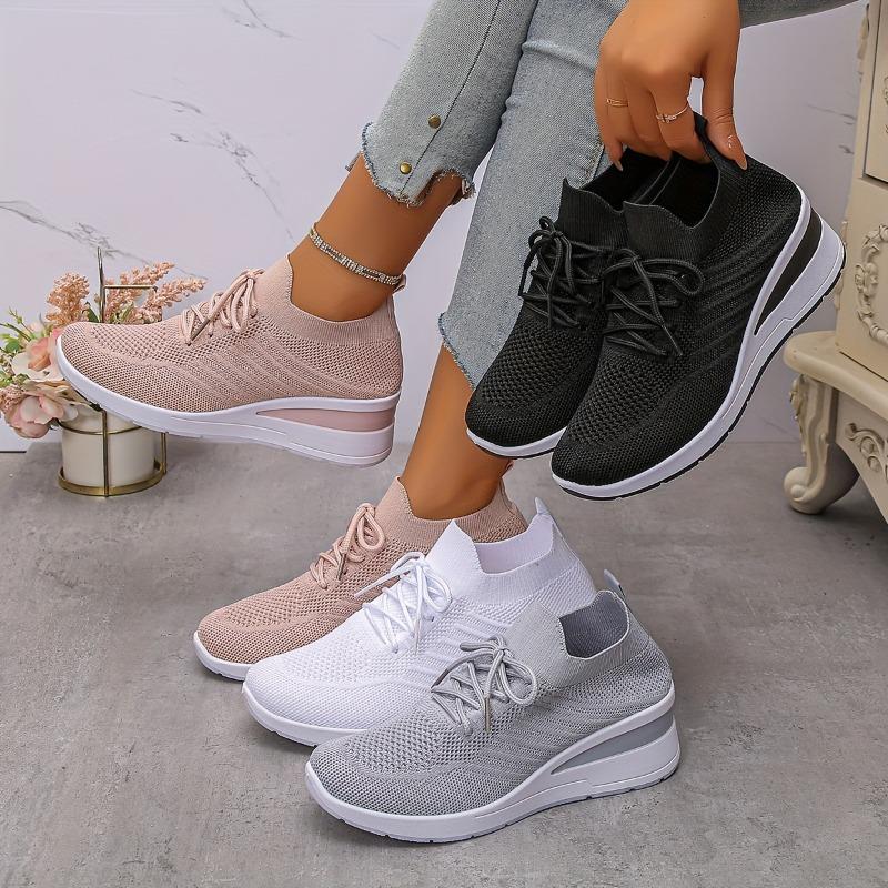 Pair of Women'S Low-Top Sneakers - Breathable Knit Fabric Upper, White & Gray Accents, Lace-Up Casual Shoes with Cushioned PVC Sole for All-Season