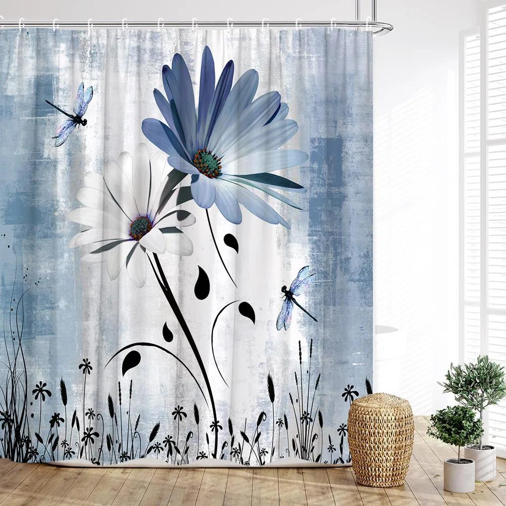Floral Shower Curtain, Farm Daisy Dragonfly Rustic Wood Paneling Inspirational Quotes Butterfly Turquoise Home Bathroom Decor