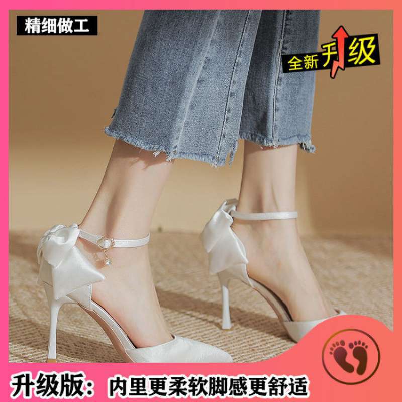 One-word buckle single shoes wedding shoes female bride shoes satin spring and summer hollow white wedding dress two wear pointed stiletto high heels