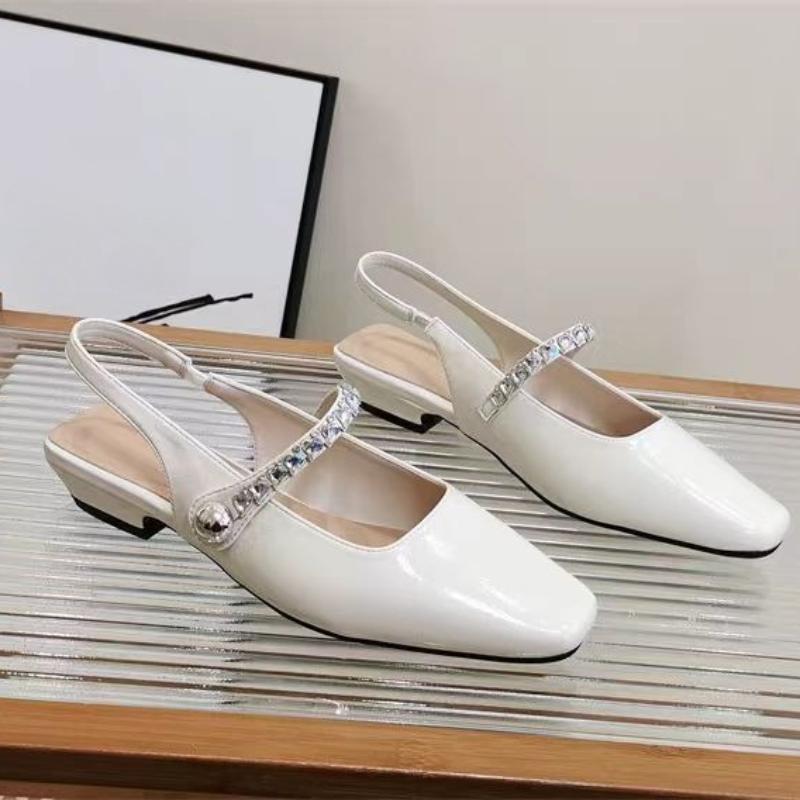 Fashion 2025 Summer Comfort Shoes for Women Rhinestone Sandals Shallow Mouth Square Toe  Suit Female Beige Fashion Spring Closed Flat