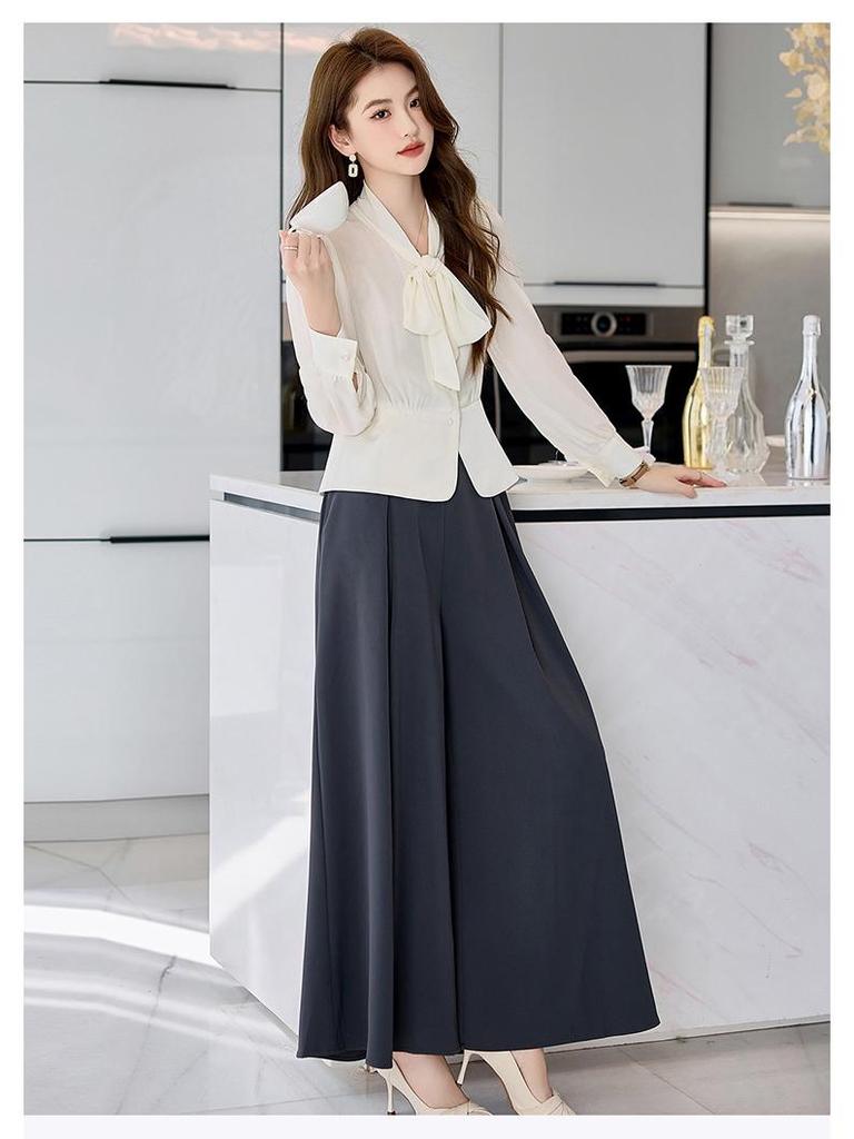 2025 Frühling & Herbst High-End Mode Zweiteiler: Schnürhemd mit langen Ärmeln & Weitbeinige Hose Set