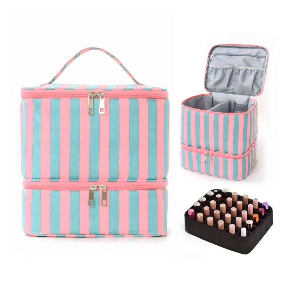 Double Layer Nail Polish Organizer Bag Large Capacity Handheld Essential Oil Storage Bag 30 Compartment Cosmetic Bag