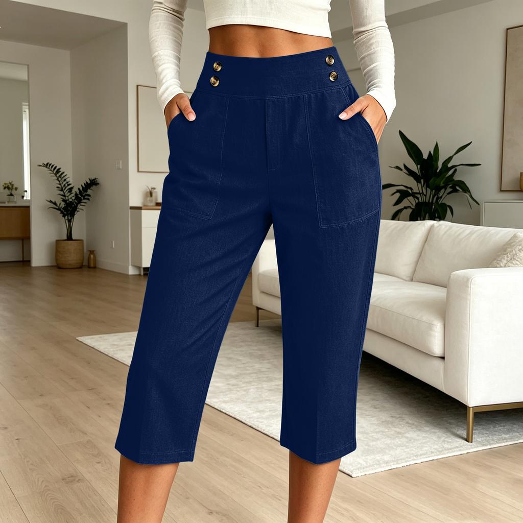 Women's Loose Fit Straight Leg Elastic Waistband Beach Capri Pants Casual Cropped Trousers with Button Detail and Side Pockets