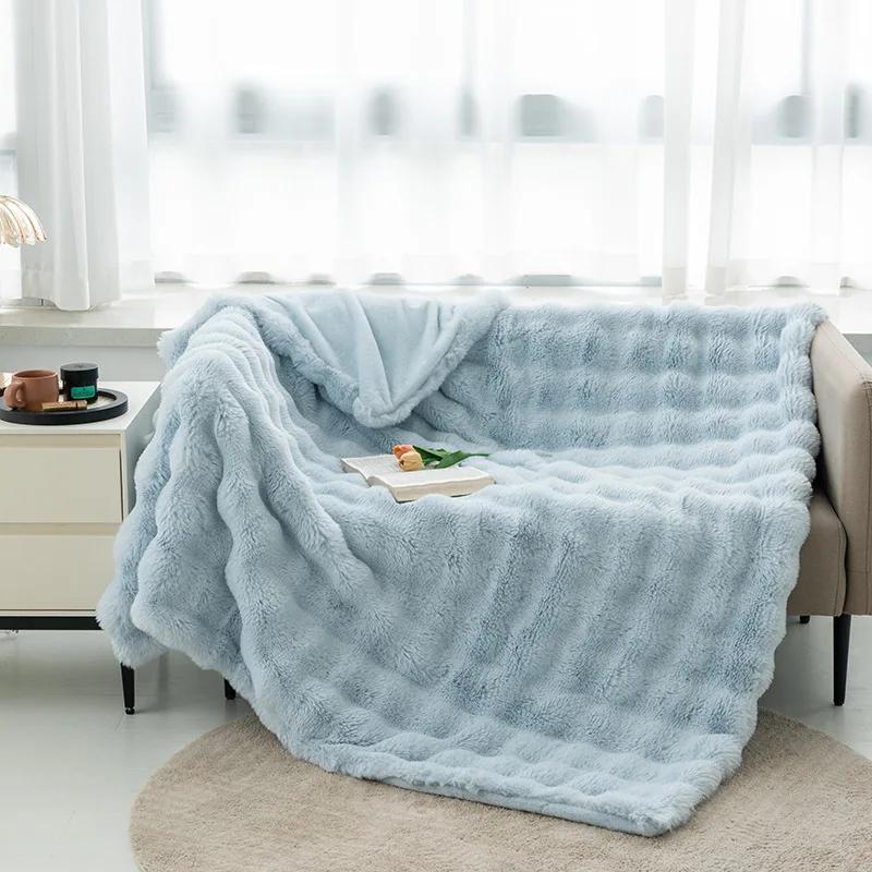 Ins Solid Color Faux Rabbit Fleece Blankets Fluffy Soft Warm Throw Blanket Nap Blanket For Couch Sofa Office Bed Camping Travel