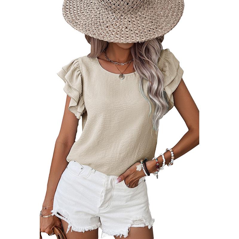 Available: Stylish European & American Women's Petal Sleeve Pullover T-Shirt, Versatile Short Sleeve Round Neck Design