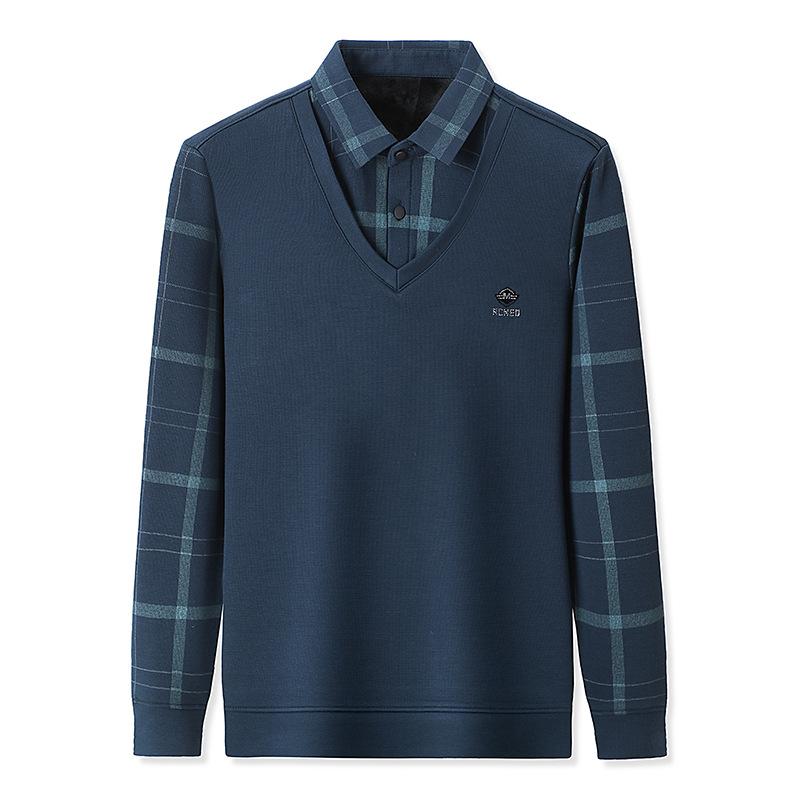 Fake Two-piece Tops Daddy Autumn and Winter Style Plus Velvet Thickening Warm Men's Lapel T-shirt Bottoming Shirt