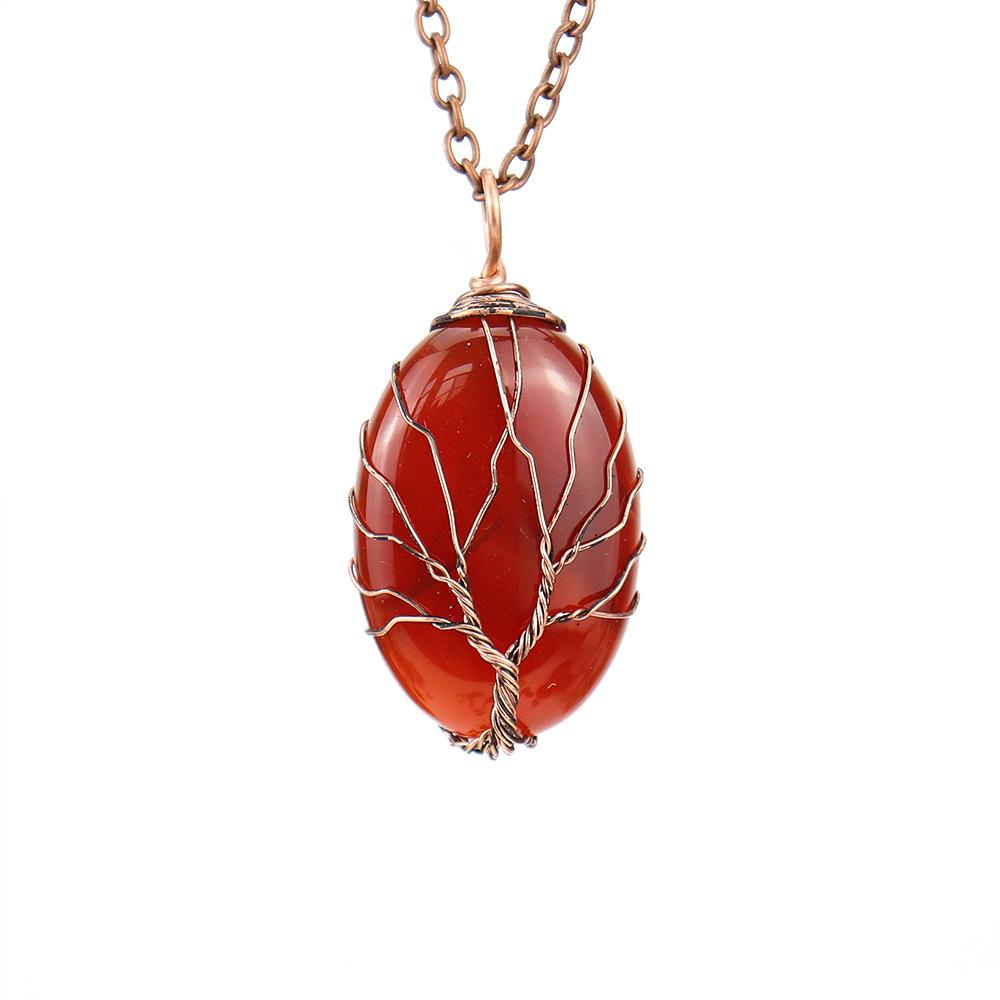 Natural Crystal Rough Stone Hand-Wound Egg-Shaped Tree Of Life Pendant Necklace N645