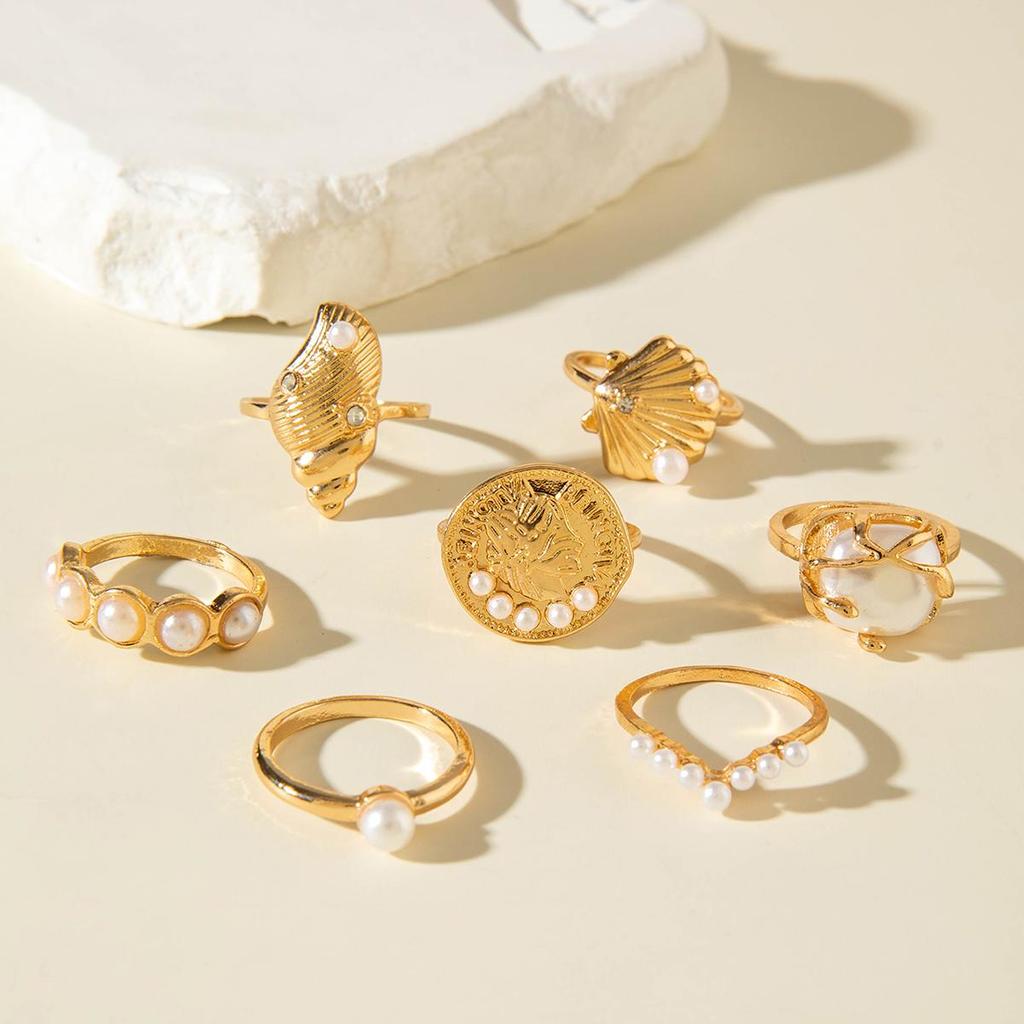 European & American Geometric Baroque Imitation Pearl Ring Set - Sweet And Cool Ins Style Glossy Conch Scallop Metal Ring Women's Jewelry