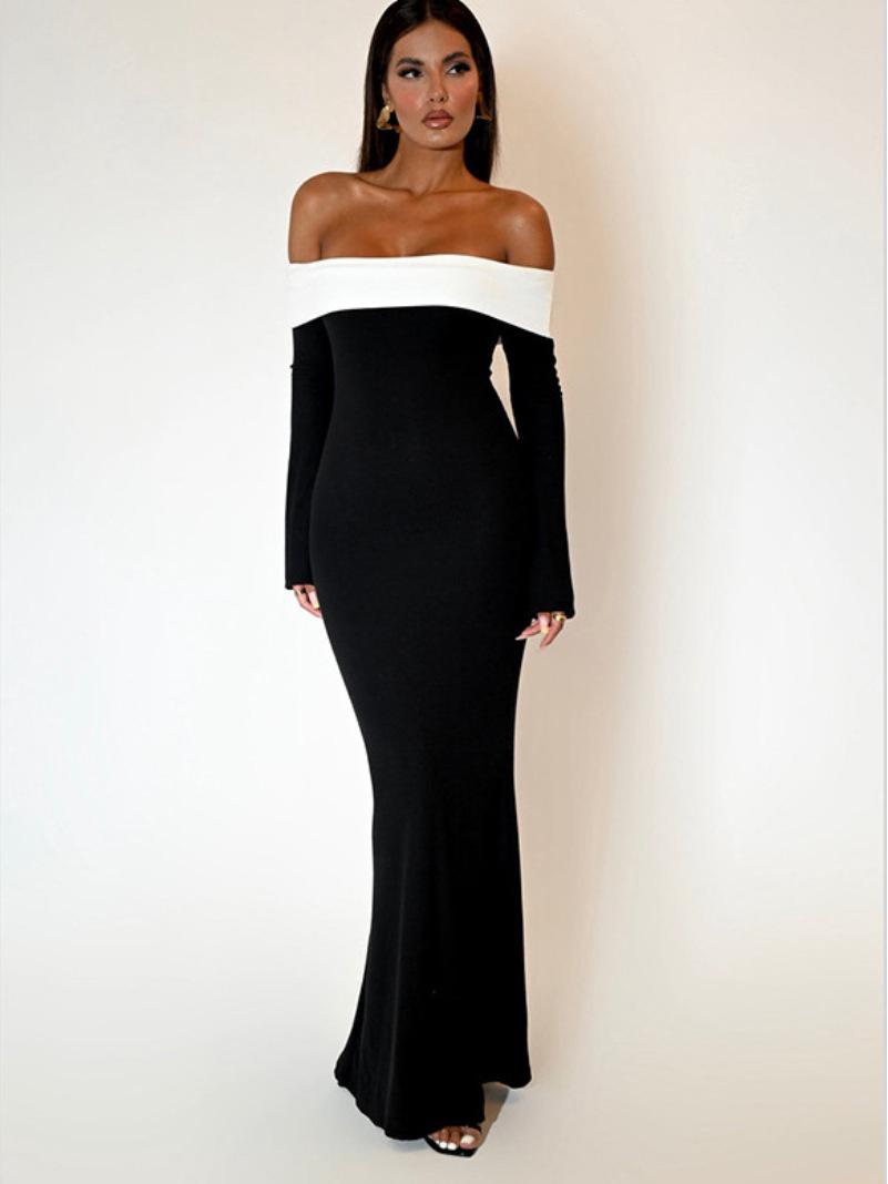 2025 French Fashion Color Block One-Shoulder Bodycon Mermaid Dress Small чёрный