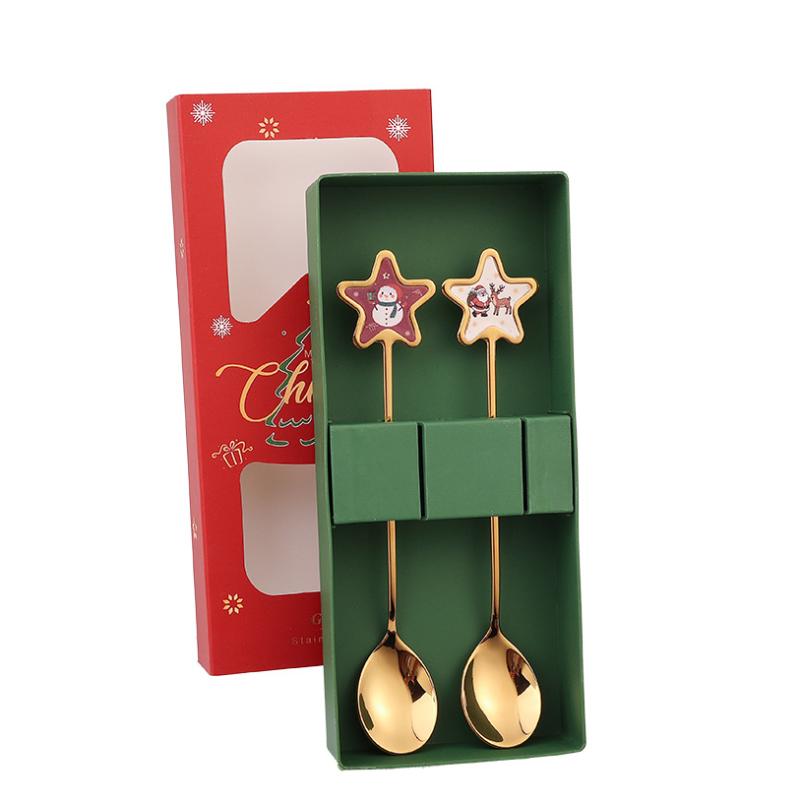 

2/6 шт. Рождественский набор ложек для перемешивания и золотых десертных вилок с дизайном елки с пятью звездами для рождественской вечеринки, подарок, столовая посуда B 2PCS