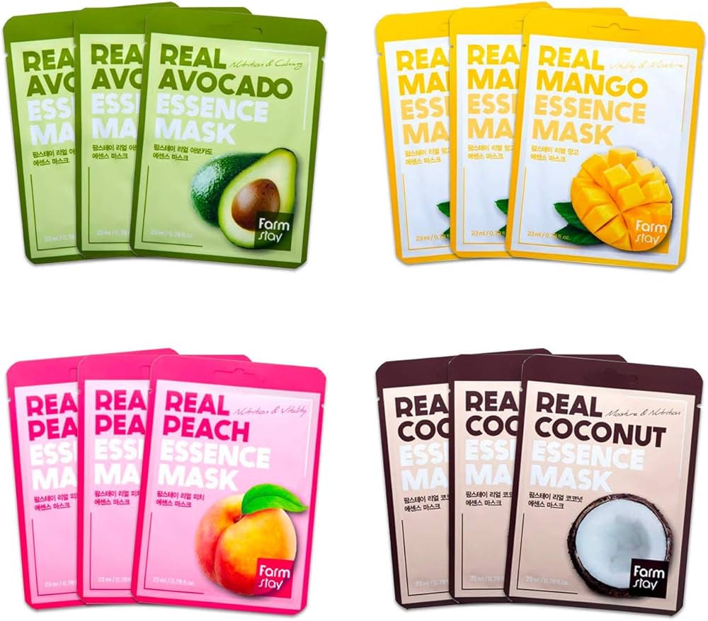 FARM STAY Pacote Combinado de 12 Máscaras Real Essence (Coco, Abacate, Pêssego, Manga) + BRINDE ALEATÓRIO