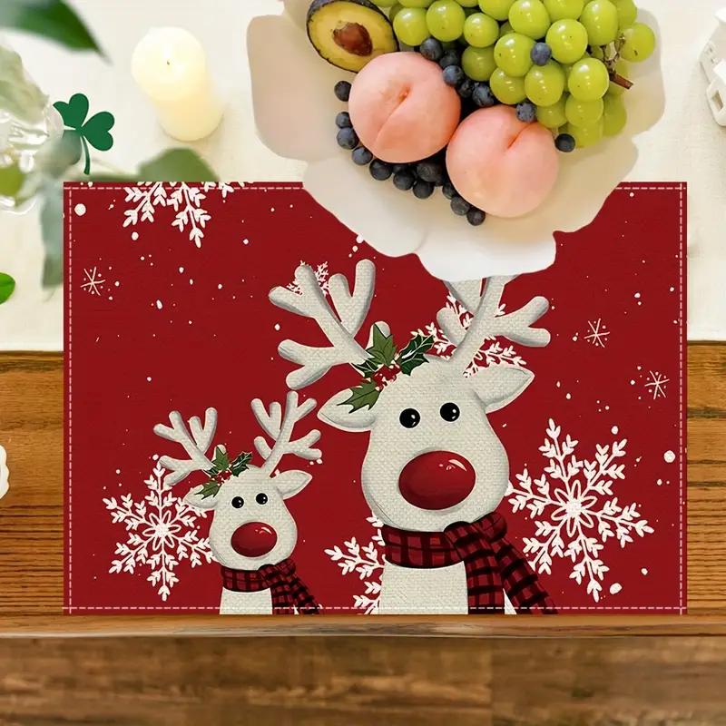 4-Piece Set, White Reindeer Snowflake Christmas Placemats and Red Christmas Tree Patterned Table Mats for Indoor Use