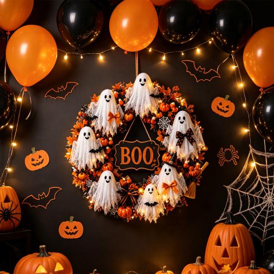 Artificial Fabric Wreath Halloween Boo Ghost Wreath, Spooky Door Hanging Decoration with Pumpkins Decorative Fall And Spider Webs for Front