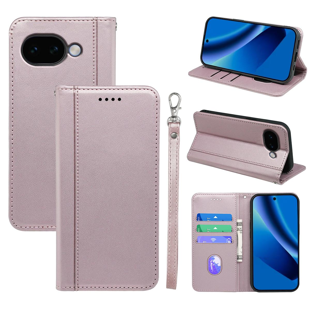 

For Google Pixel 10a Wallet Case Magnetic Closing PU Leather Phone Cover with Wrist Strap
