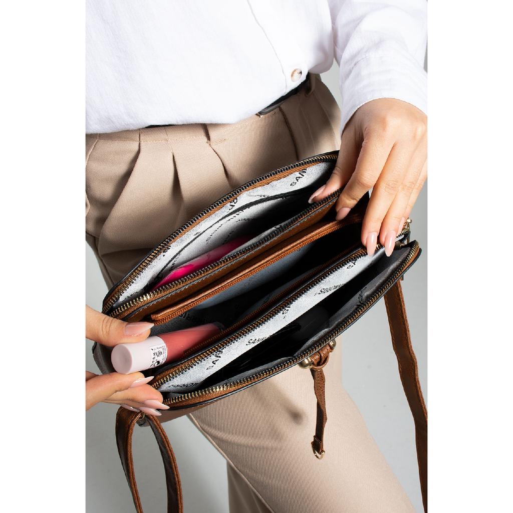 Women's Faux Leather Adjustable Cross Strap 3 Compartment Metal Zipper Shoulder Bag