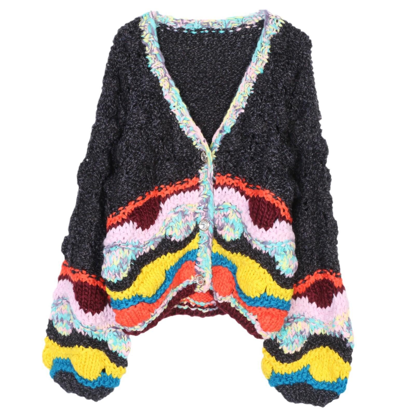 

Кардиган вязаный полосатый колор-блок 2024: Европейский и американский осенне-зимний женский свитер свободного кроя с длинным рукавом Large