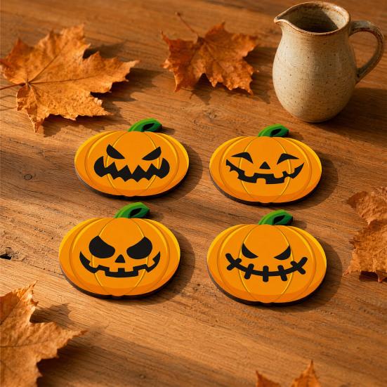 xiaobudian Wooden Pumpkin Coaster, Non-Slip Halloween Table Mat, Heat Insulation Waterproof for Holiday Party Home Decor