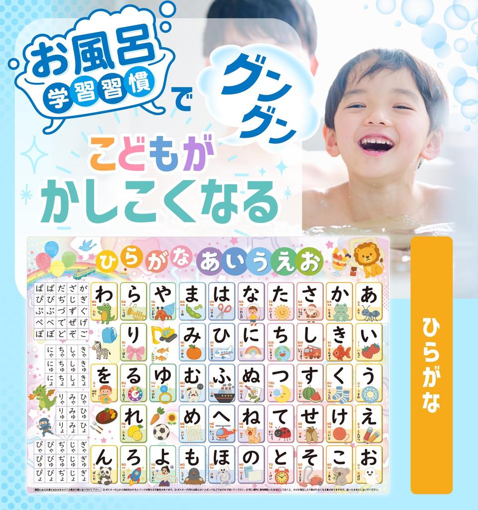 NYANDELMO Bath Poster Educational Hiragana Learning Waterproof Colorful Illustration B3 Size Entrance Preparation Home Study School NYANDELMO