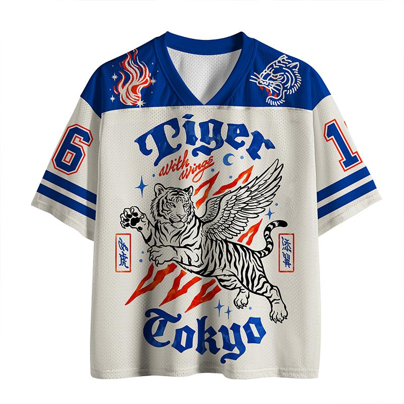 2026 New Sports Short Sleeved Shirt, V-neck Short Sleeved T-shirt, Tiger with Wings Print Tshirt, Sports Fashion 3D Printed Quick Drying Mesh Jersey
