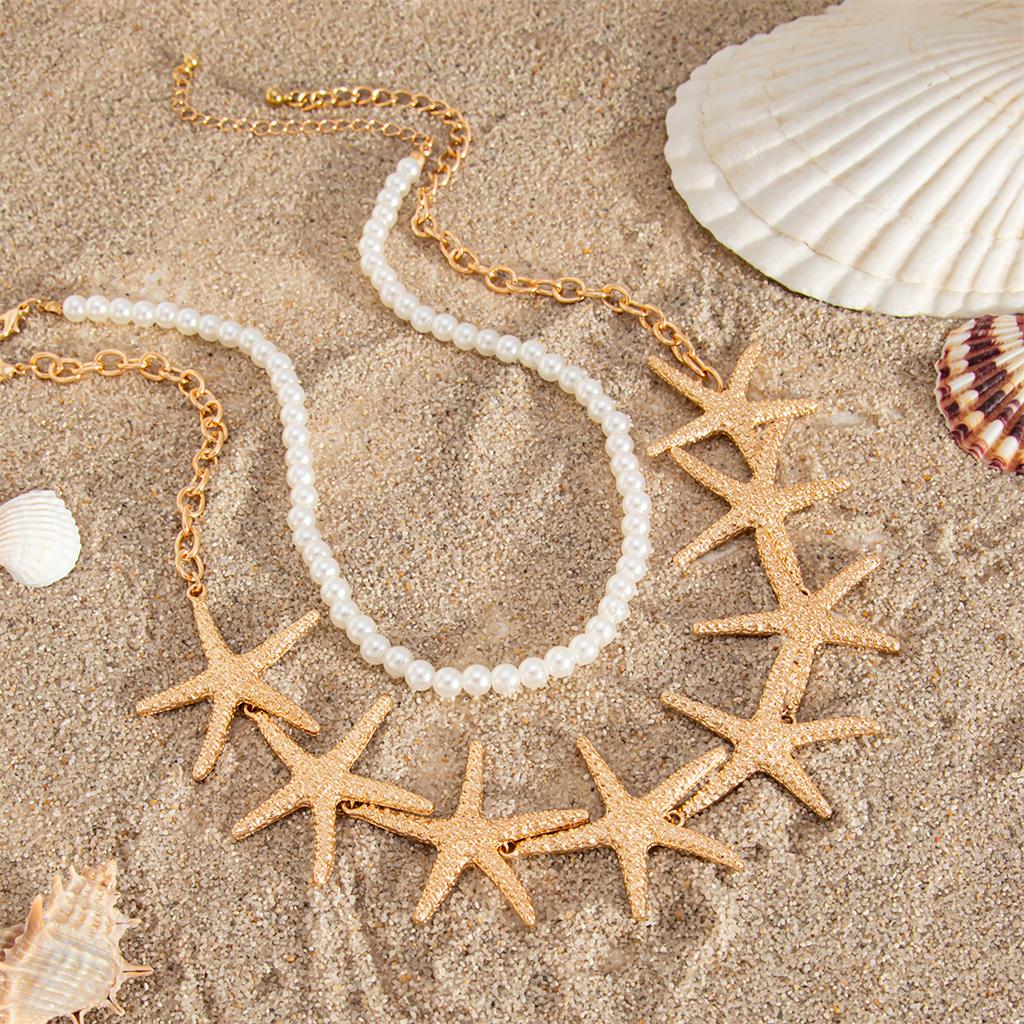 Großer Seestern Imitation Perlen Choker Halskette für Damen Boho Ozean Serie Metallkette Halskette Sommer Strandparty Schmuck Geschenk
