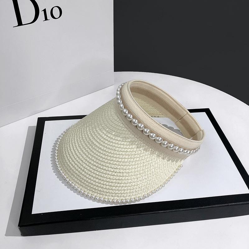 Women'S Summer New Fresh Beach Hat With Pearls Open Top Sun Hat Fashionable Raffia Straw Hat
