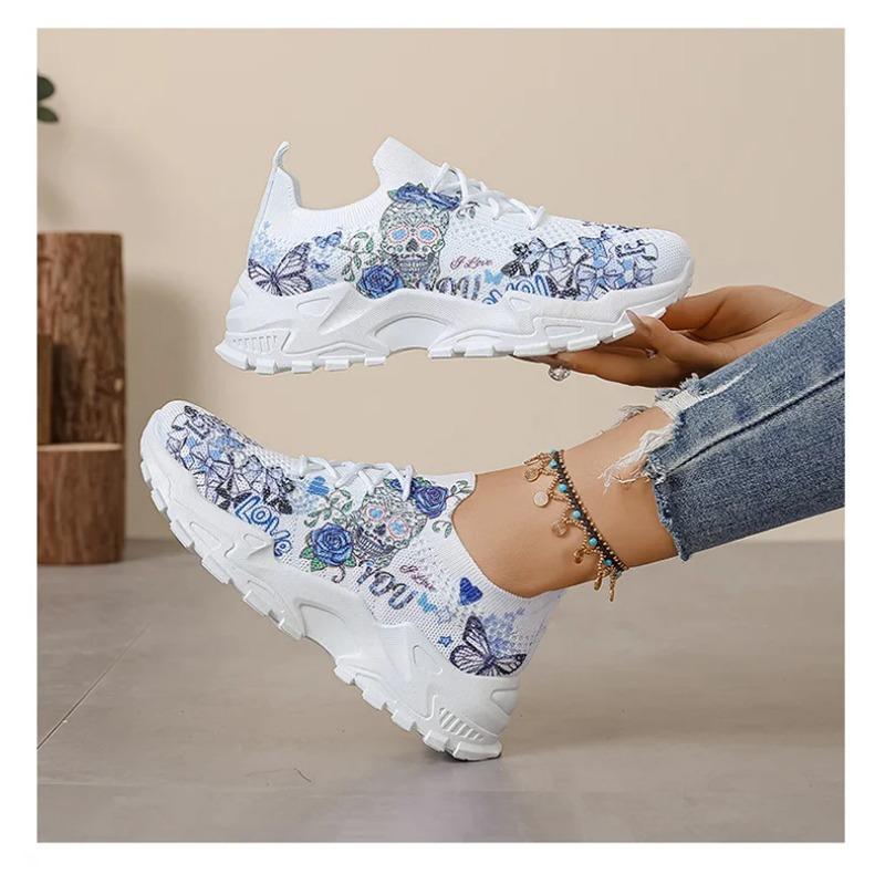 Dames fritidsvevd nettstoff blomsterknyttede sports komfortable og pustende løpesko