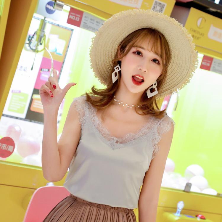 Damen V-Ausschnitt Spitzen-Patchwork Camisole mit Wimpernspitzen-Trägern