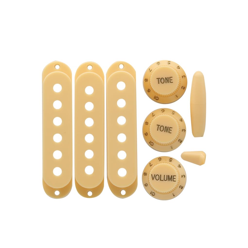 FLEOR Cream Plastic Single Coil Pickup Covers 2T1V Tone Volume Control Knobs Switch Tip Bar Tip Set 52/52/52mm