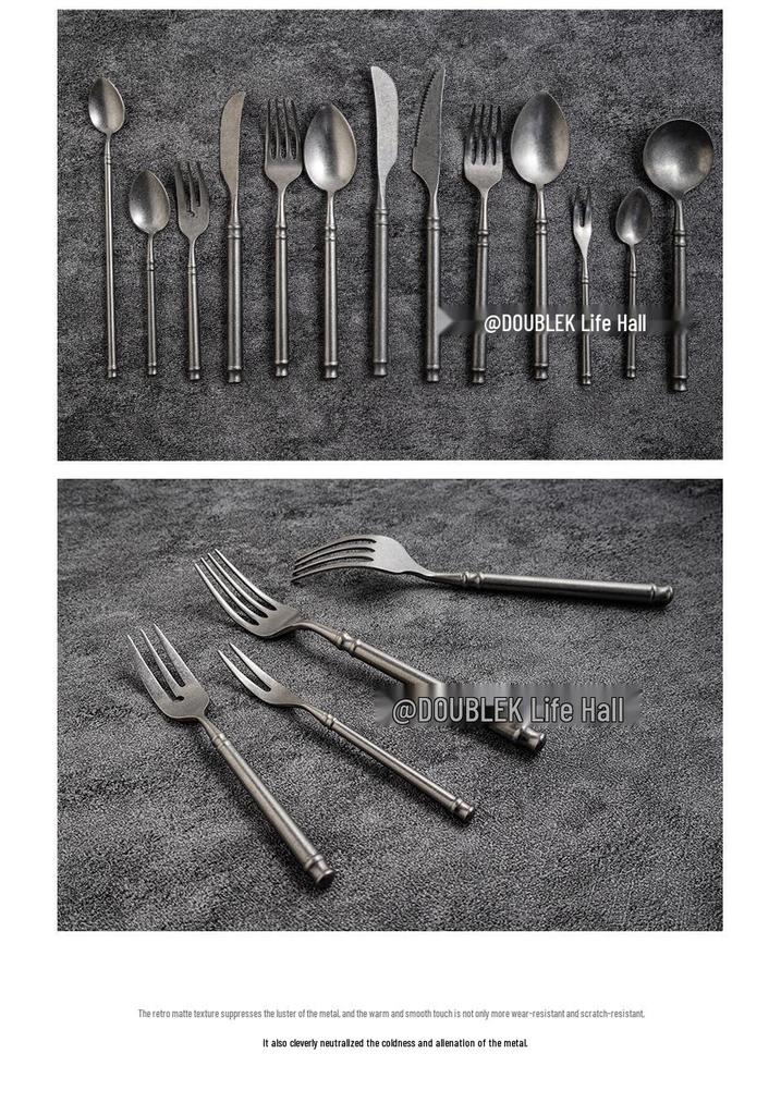 Japanese Snowflake 304 Stainless Steel Matte Cutlery Set: Retro Western Style Steak Knife, Dessert Spoon, Fork.