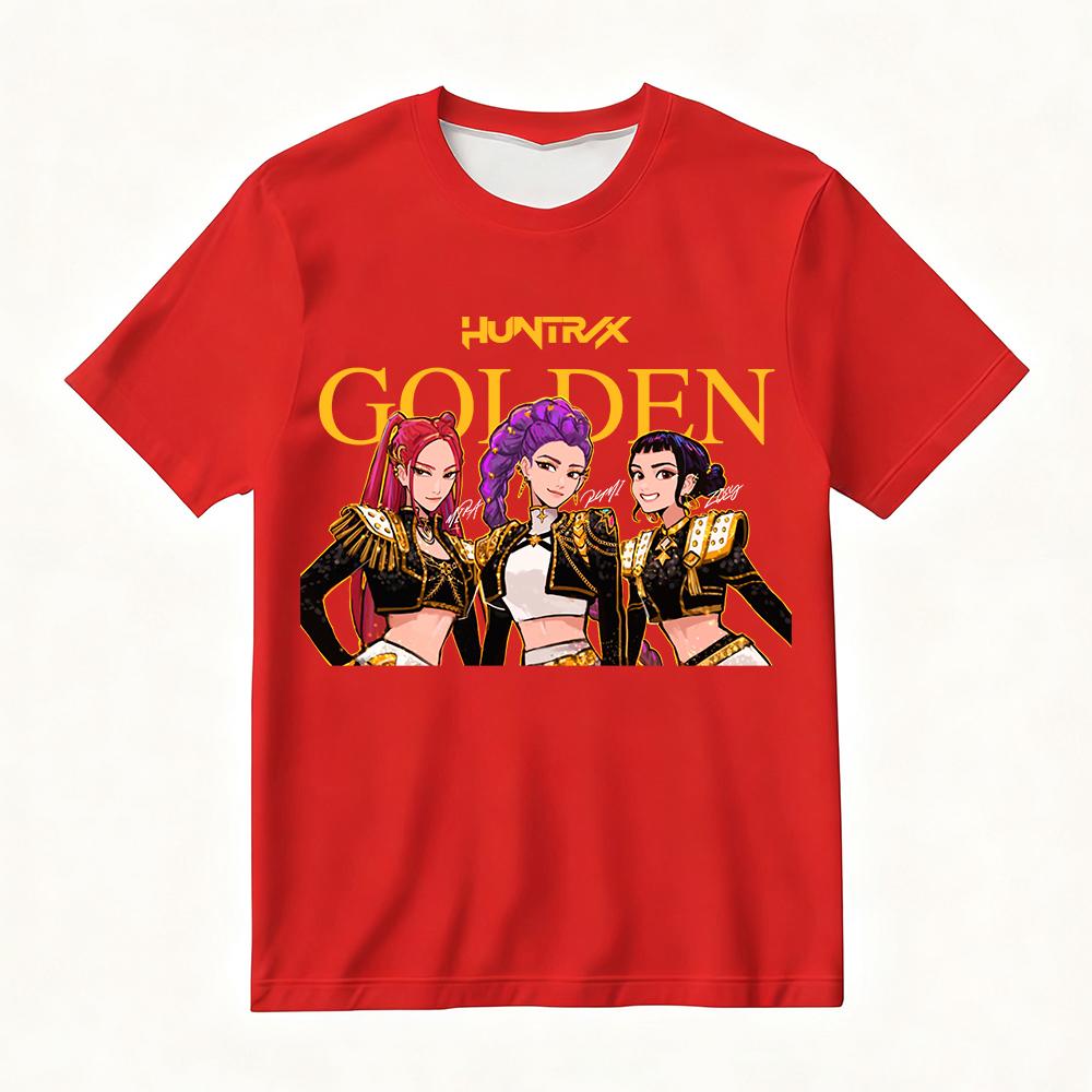 Women's oversized Huntrix gold cartoon character printed T-shirt, a must-have for summer street fashion KPop demon hunter style