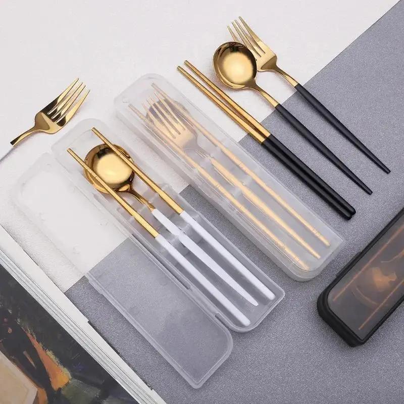 New Spoon Fork Chopsticks Set Storage Box Tableware Coffee Snack Fruit Dessert Portable Spoon Fork Chopstick Set Stainless Steel