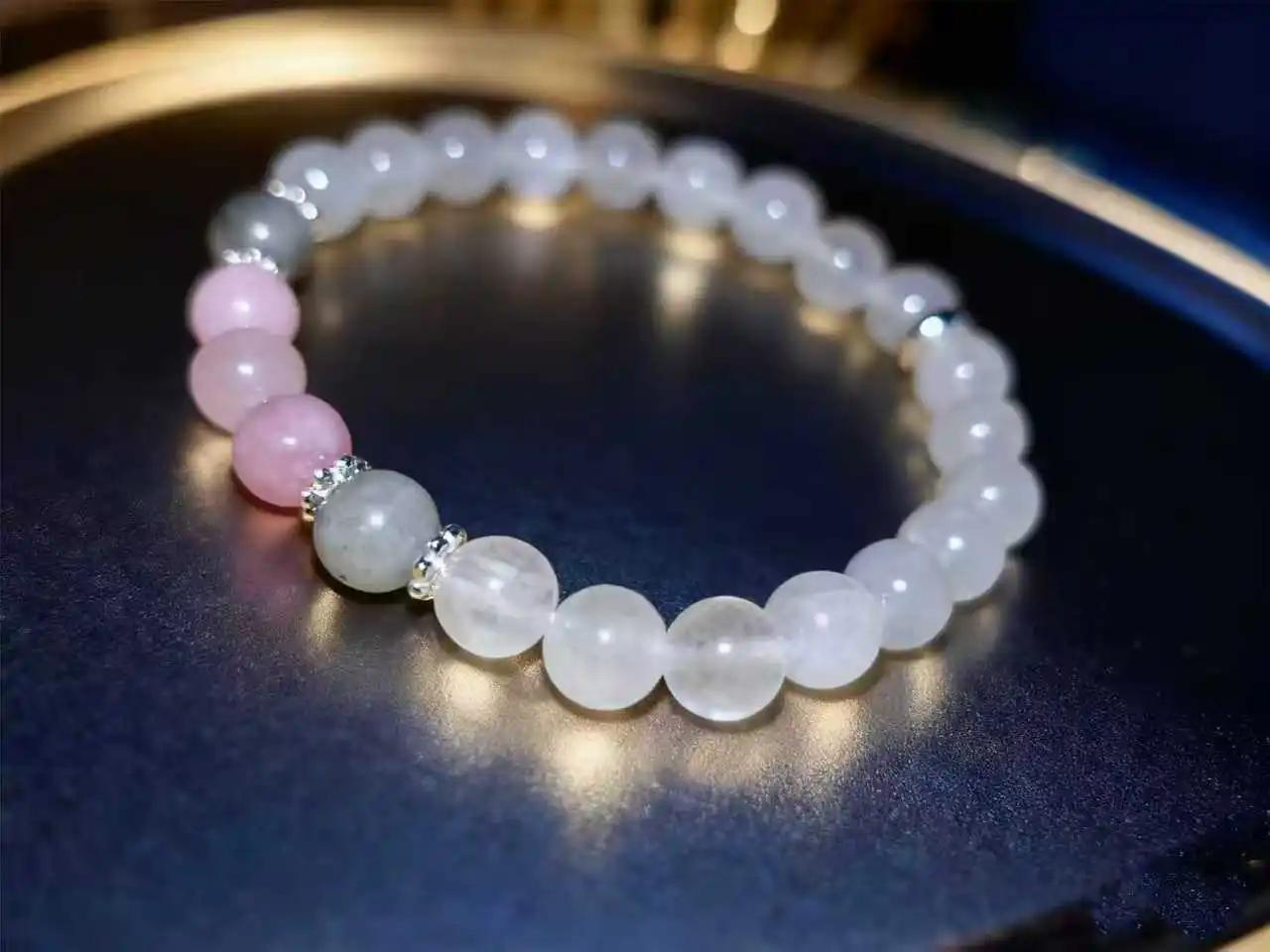 1pc/moonlight white jade, Labradorite and Rose Quartz Bracelet Calm, Spiritual, New Beginnings, Positive Energy, Protection Stre 20cm белый