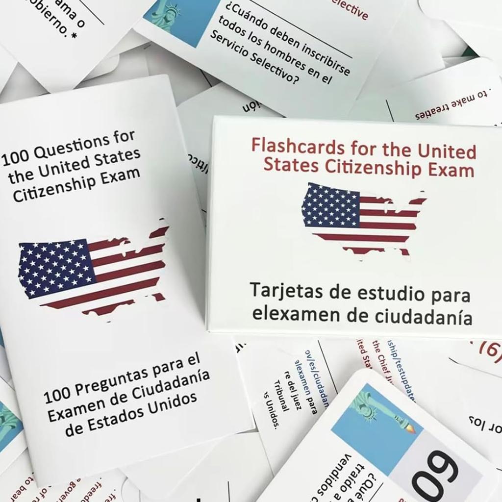 Kartičky s testem amerického občanství s průvodcem studiem naturalizace, 100 otázek a odpovědí k americkému občanství, kartičky s americkým občanstvím